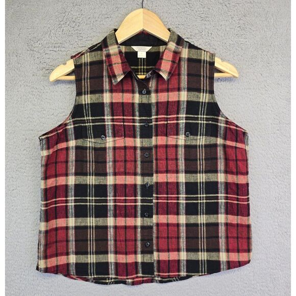 Christopher Banks Linen Top Womens Large Black Red Plaid Vest Holiday‎ Festive - Picture 1 of 8